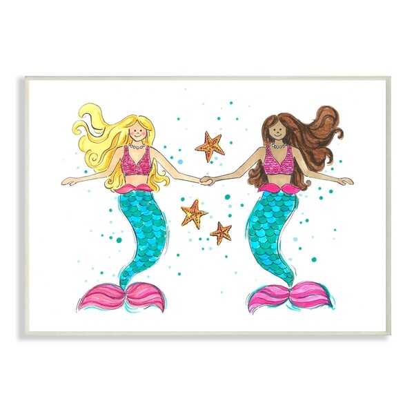 The Kids Room By Stupell Two Blue and Pink Mermaid Friends with Starfish Wall Plaque Art, 10 x 15, Proudly Made in USA
