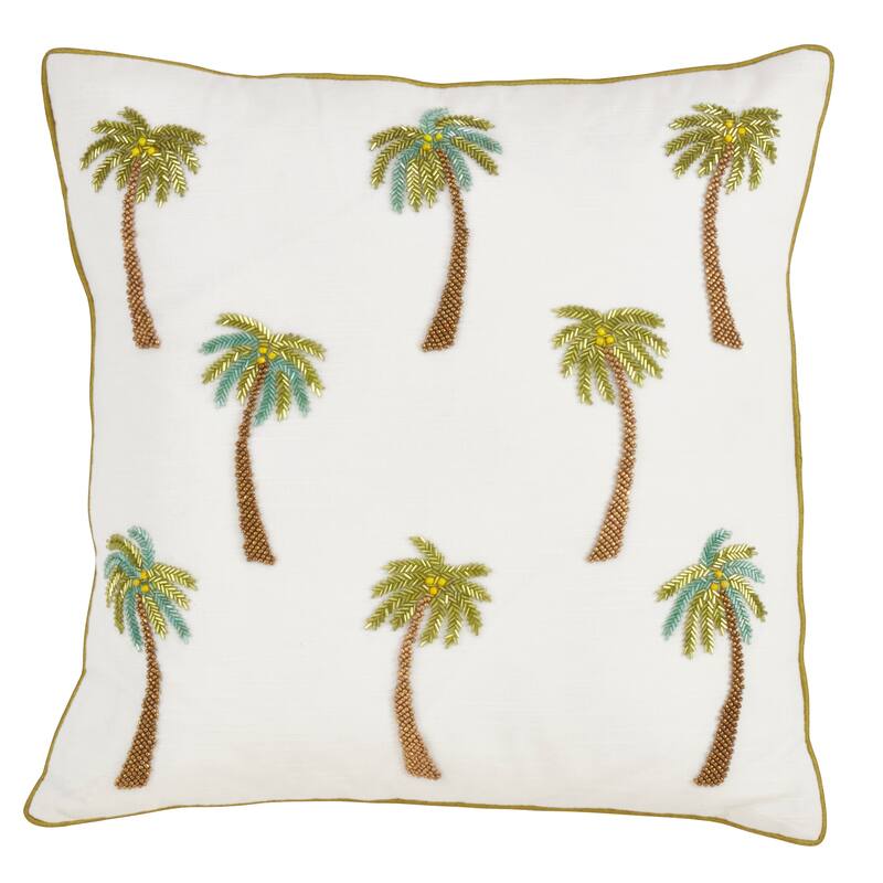 Poly Filled Throw Pillow With Beaded Palm Trees