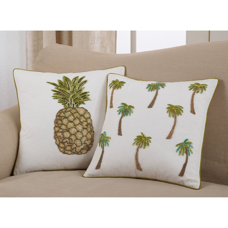 Cotton Throw Pillow With Beaded Pineapple Design And Poly Filling