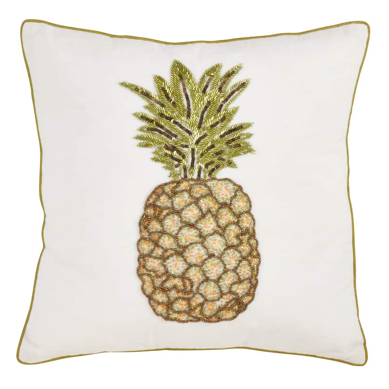 Cotton Throw Pillow With Beaded Pineapple Design And Poly Filling