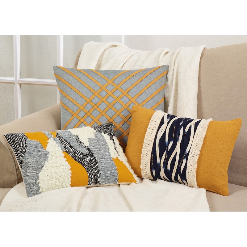 Cotton Throw Pillow With Cross Hatch Design And Down Filling