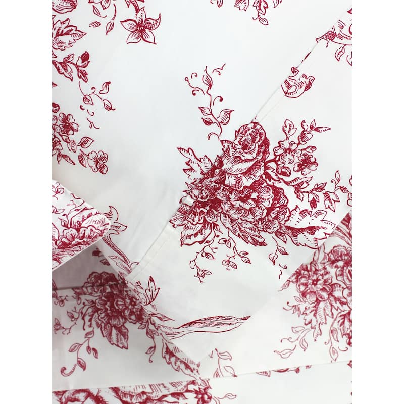 Printed Design Cotton Collection 400 Thread Count Red Toile Embroidered Sheet Set