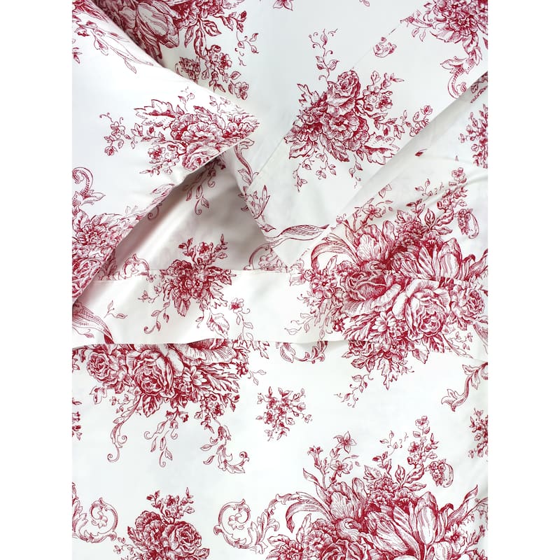 Printed Design Cotton Collection 400 Thread Count Red Toile Embroidered Sheet Set