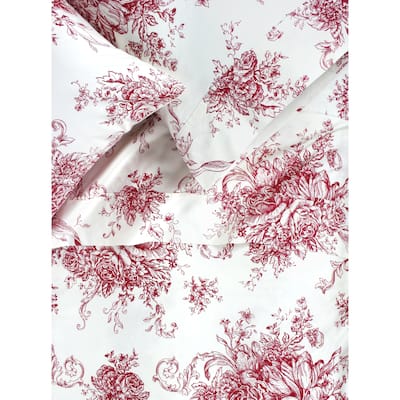 Printed Design Cotton Collection 400 Thread Count Red Toile Embroidered Sheet Set