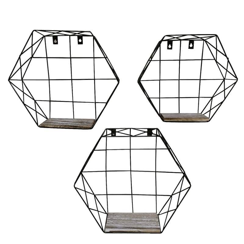 Hexagon wall-mounted metal wire hanging storage shelves, Black, 3pcs