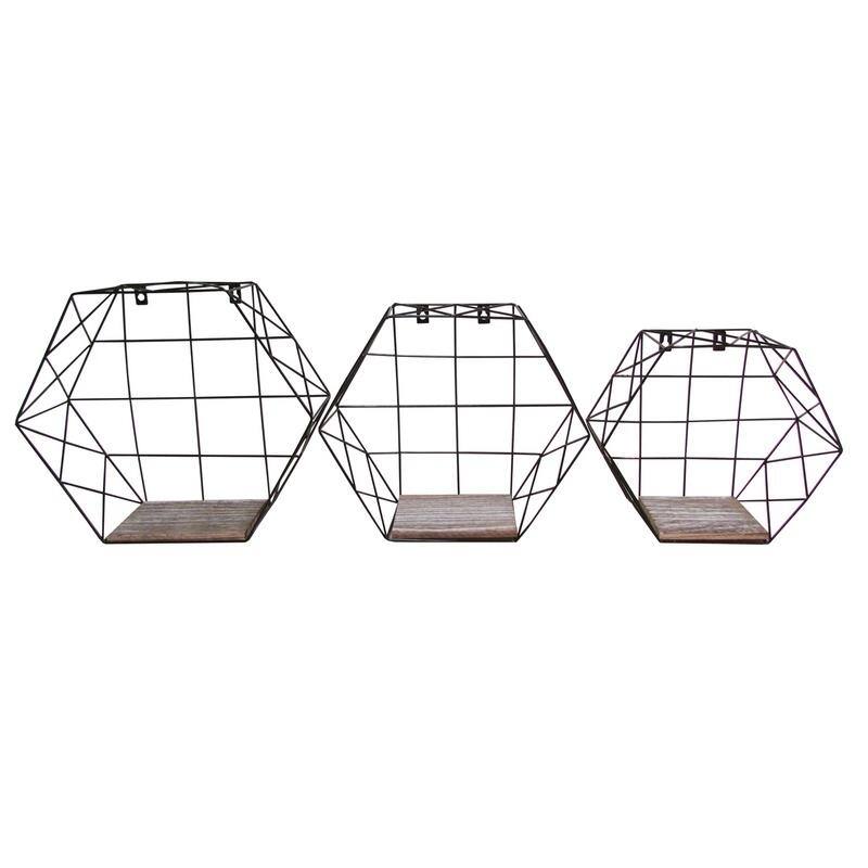 Hexagon wall-mounted metal wire hanging storage shelves, Black, 3pcs