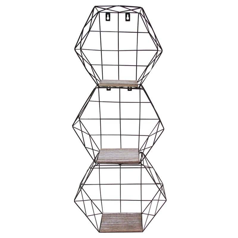 Hexagon wall-mounted metal wire hanging storage shelves, Black, 3pcs