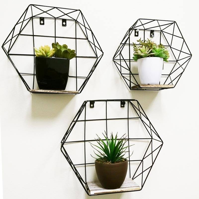 Hexagon wall-mounted metal wire hanging storage shelves, Black, 3pcs