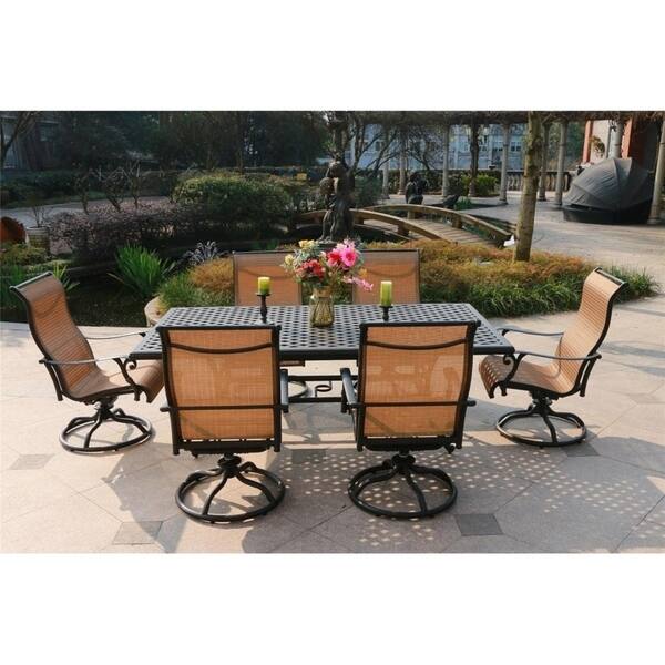 Yorkshire 7 Piece Aluminum Rectangle Dining Set with 6 Sling Swivel Chairs