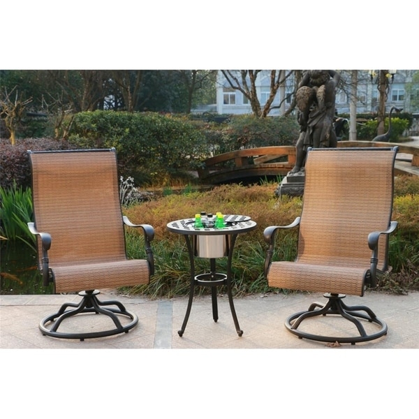 Yorkshire 3 Piece Aged Bronze Aluminum Bistro Set Sling Chairs Yorkshire 3 Piece Aged Bronze Aluminum Bistro Set Sling Chairs With Ice Bucket Table To