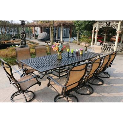 Yorkshire 11 Piece Aluminum Rectangle Dining Set with 10 Sling Swivel Chairs