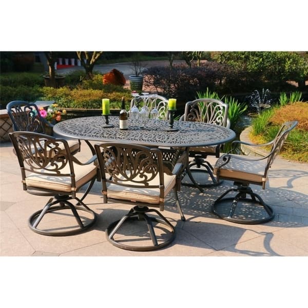 Manasquan 7-piece Gunmetal Aluminum Oval Dining Set with Swivel Chairs by Havenside Home - Sunbrella Spectrum Sand