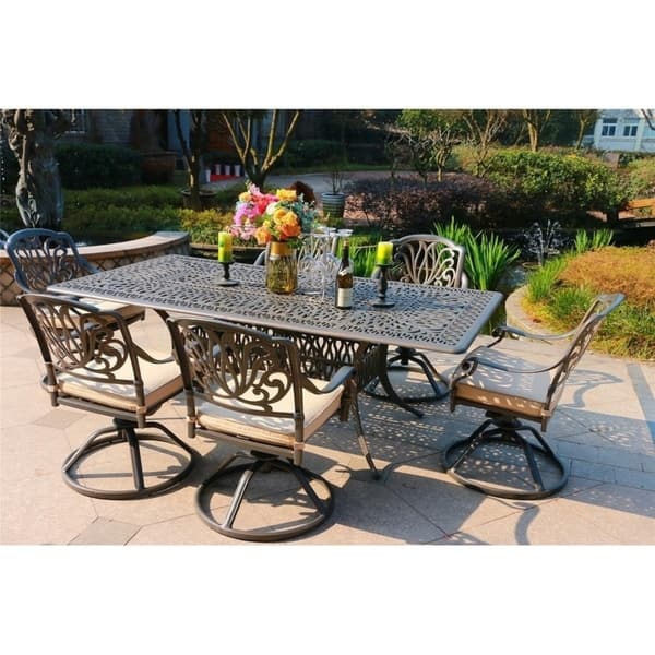 Saratoga 7 Piece Gun Metal Aluminum Rectangle Dining Set with 6 Cushioned Swivel Dining Chairs - Sunbrella Spectrum Sand