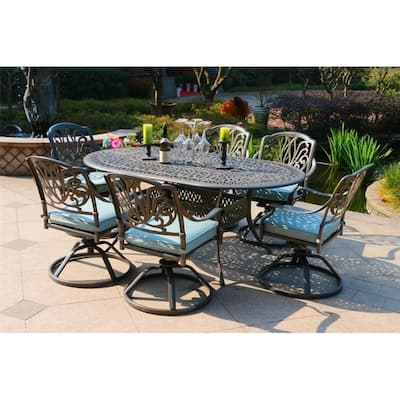 Saratoga 7 Piece Gun Metal Aluminum Rectangle Dining Set with 6 Cushioned Swivel Dining Chairs