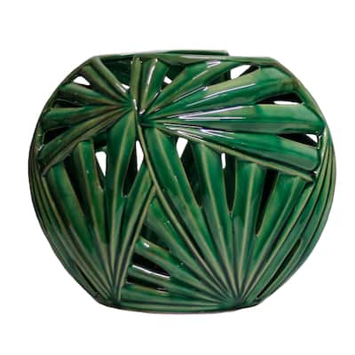 Ceramic Palm Leaf Vase with Hollow Interior and Flat Base, Large, Green