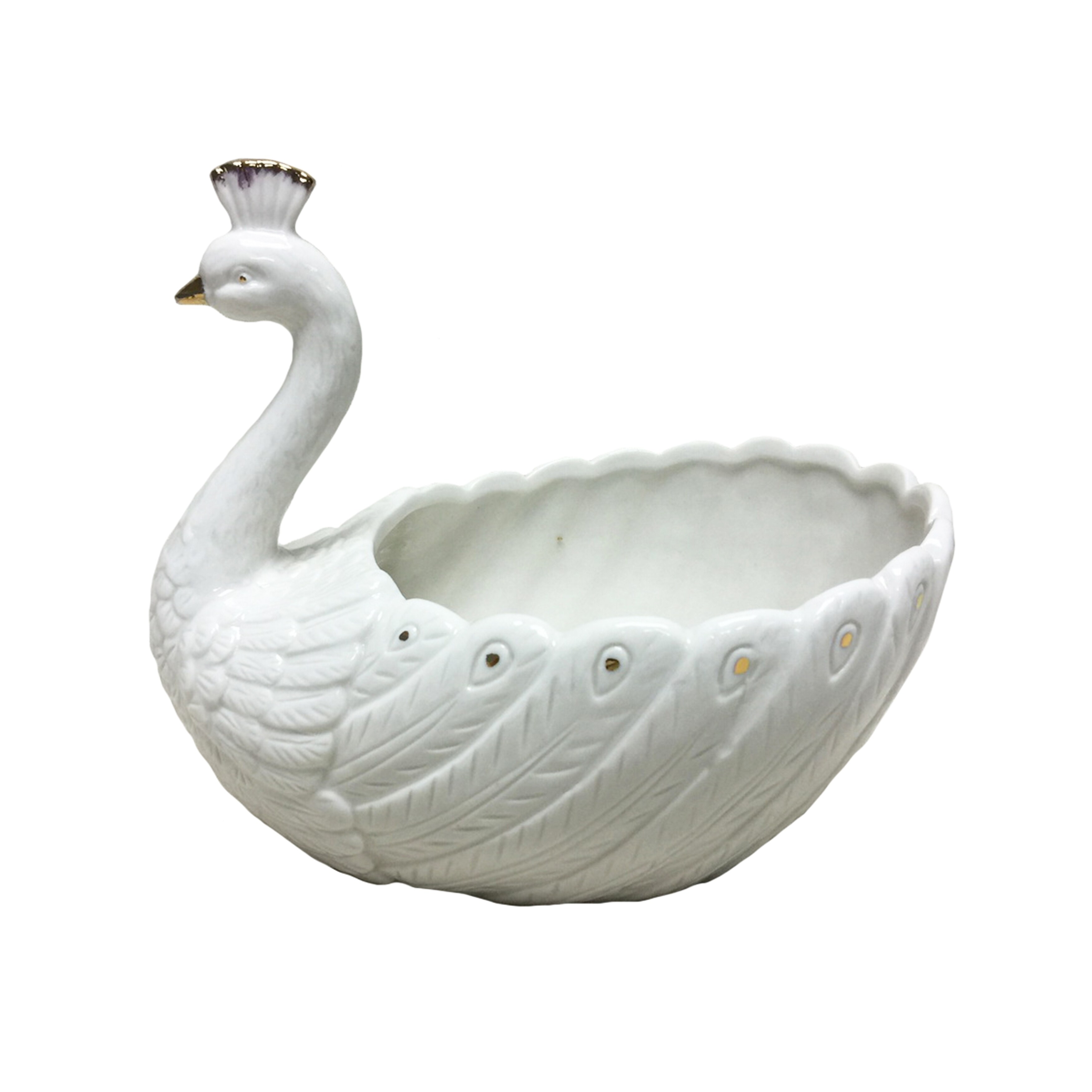 Ceramic Peacock Shaped Decorative Planter with Gold Trim, White