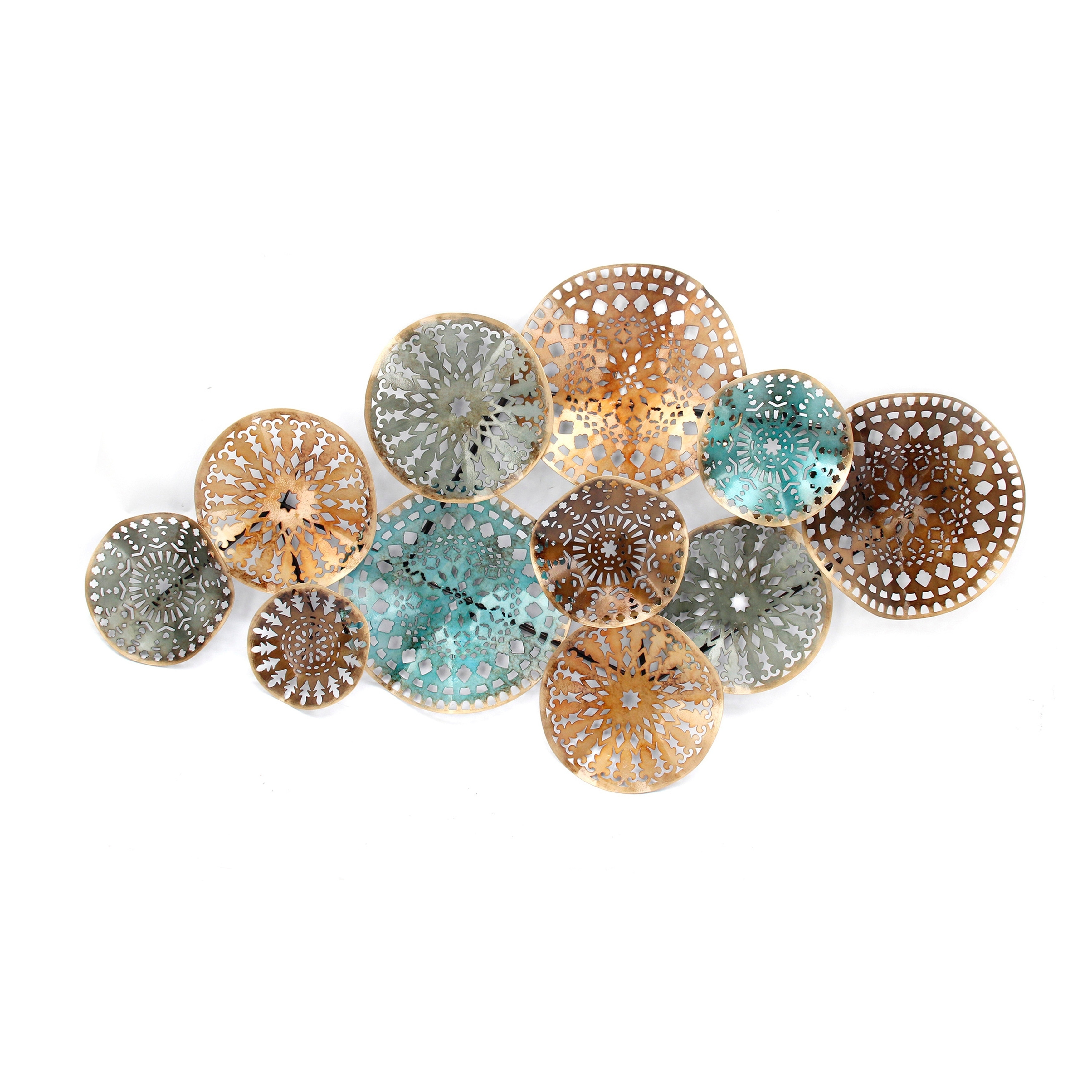 Decorative Iron Circles Wall Sculpture Attached Over Geometric Base, Multicolor