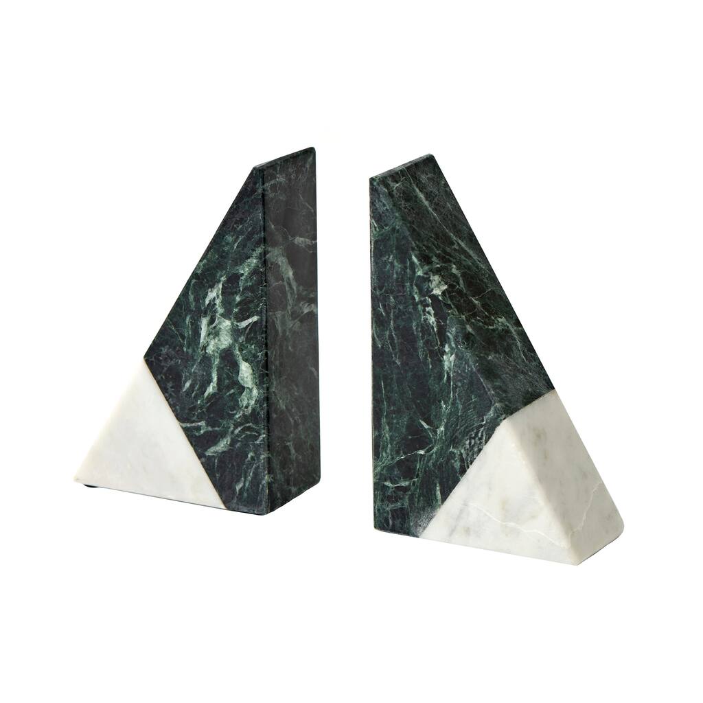 Triangular Shape Marble Bookends, Pack of 2, White and Dark Green