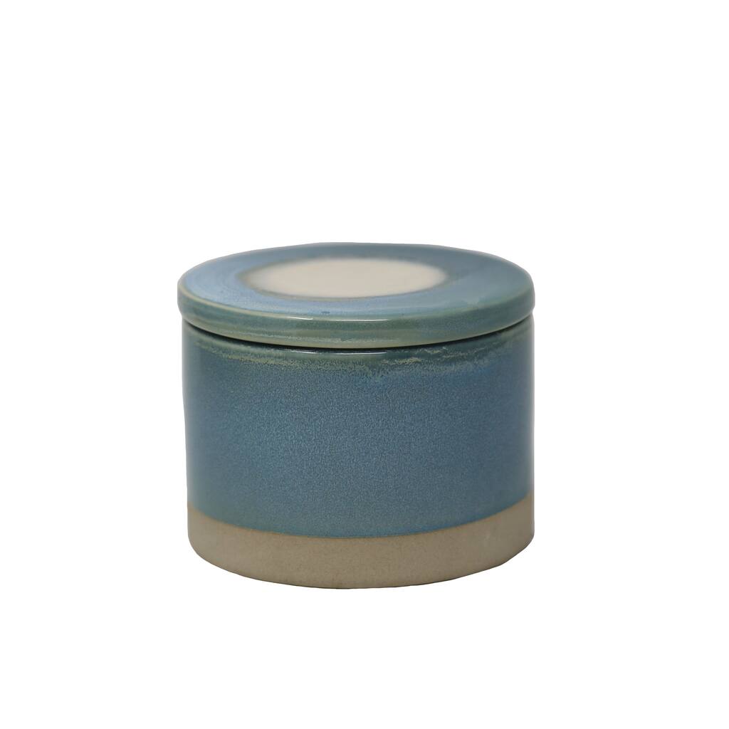 Round Ceramic Lidded Box with Agate Pattern, Glazed Blue