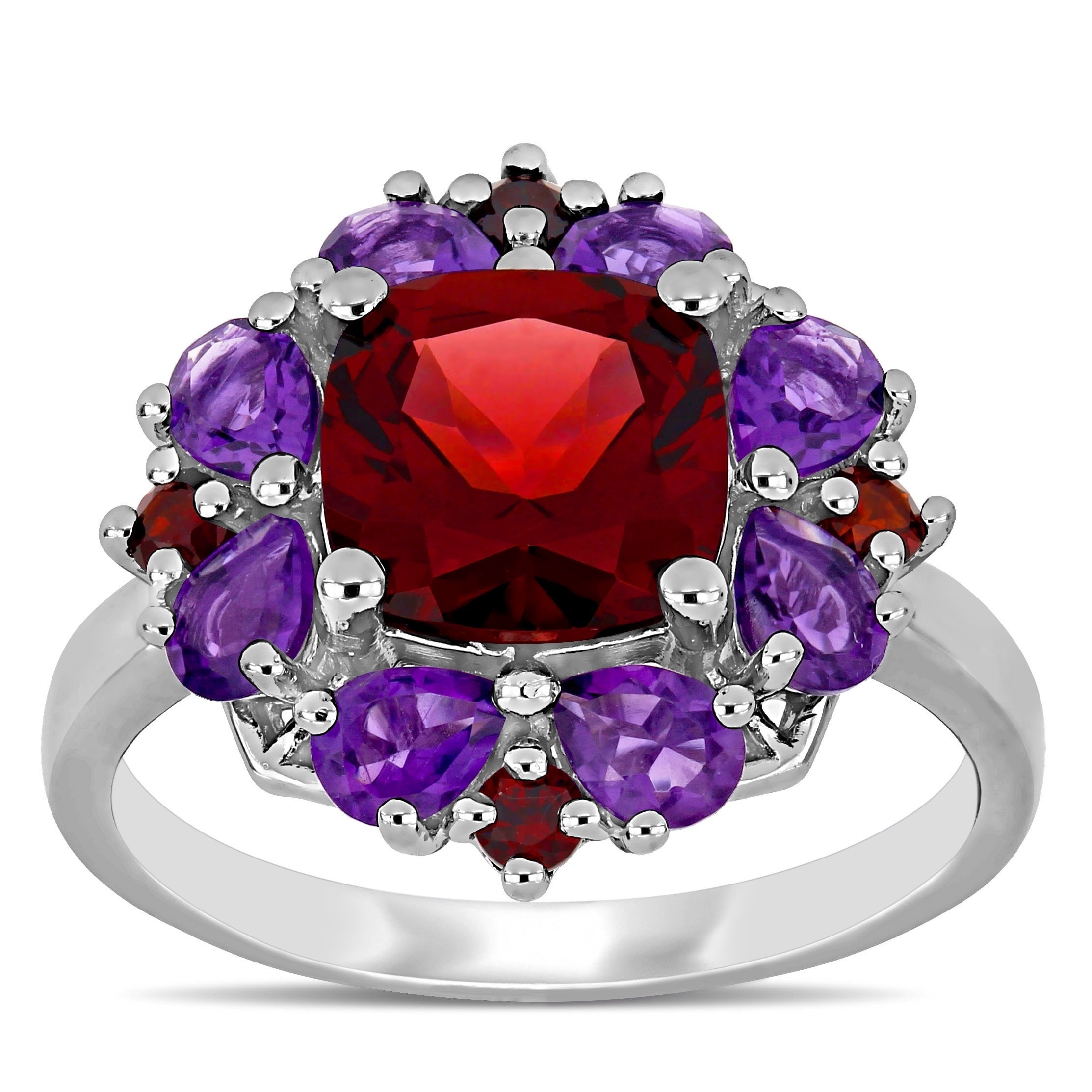 Miadora Sterling Silver Garnet and African-Amethyst Floral Cluster Ring