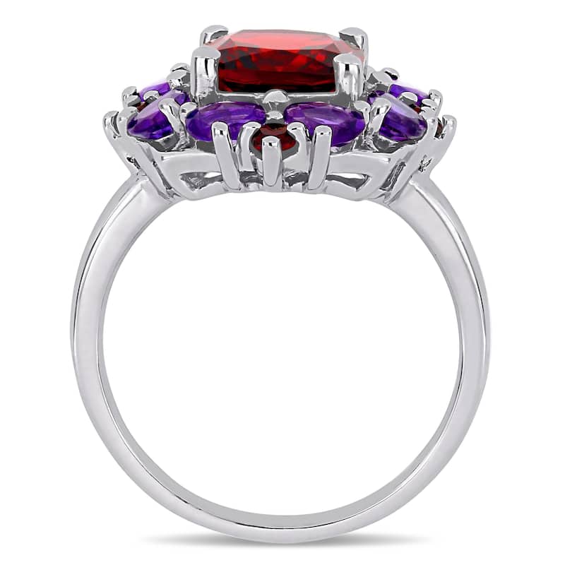 Miadora Sterling Silver Garnet and African-Amethyst Floral Cluster Ring