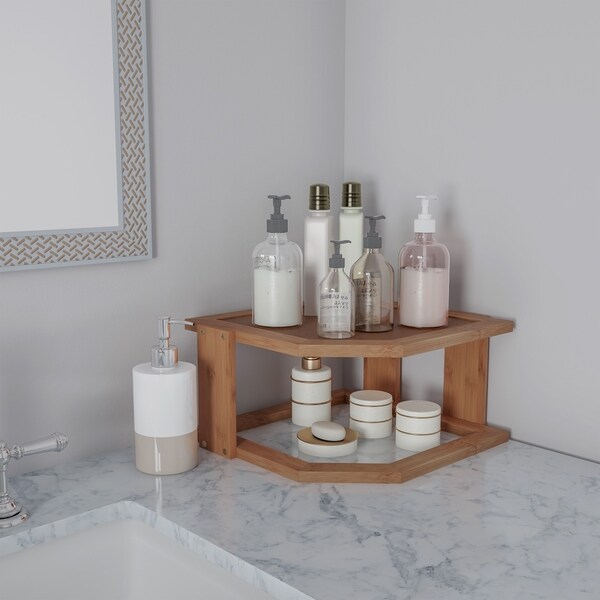Lavish Home Bamboo Corner Shelf for Kitchen or Bathroom Cabinet Beige 2 Tier