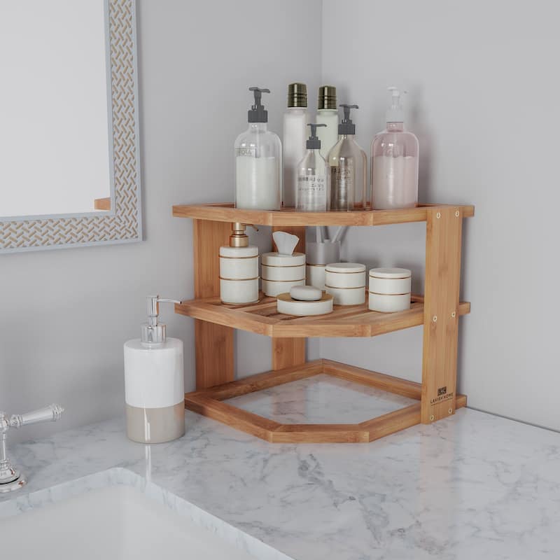 3-Tier Bamboo Corner Shelf - Natural Wood Space Saving Rack by Lavish Home