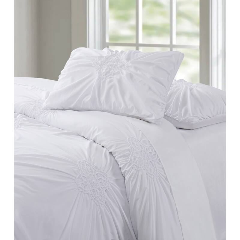 Porch & Den Airey Rouched 3-piece Duvet Cover Set - White - Queen