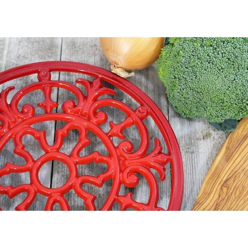 Chasseur French Fleur De Lys Enameled Cast Iron Trivet, 9-inch Diameter, Red.