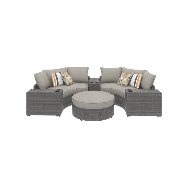 Spring Dew 6 Piece Grey Sectional Set With 2 Curved Corner Chairs 3 Consoles With Cup Holders And Ottoman