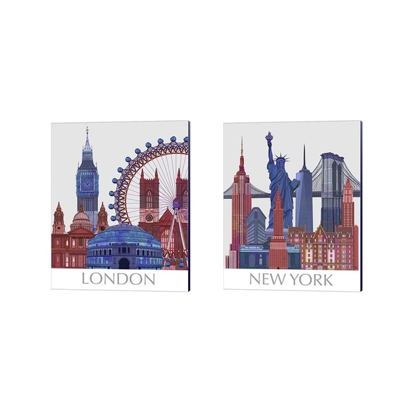 Fab Funky 'London & New York Landmarks , Red Blue' Canvas Art (Set of 2)