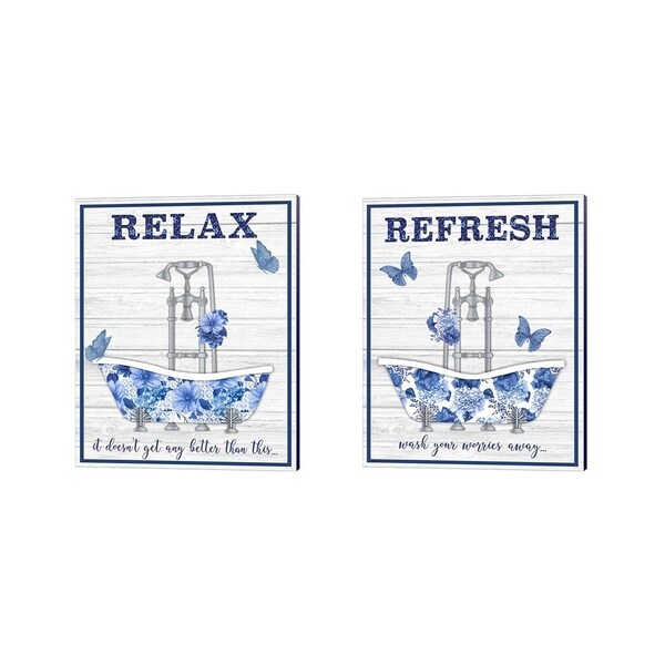 Jean Plout 'Blue Floral Bath Art' Canvas Art (Set of 2)