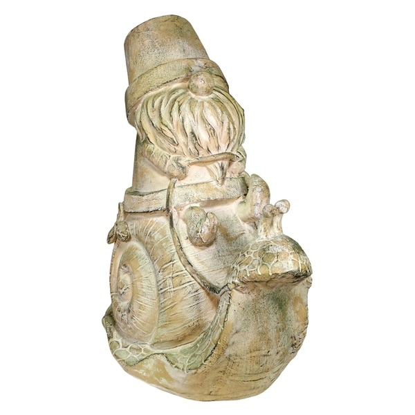 Alpine Mossy Stone Garden Gnome Riding Snail Statue, 21 Inch Tall