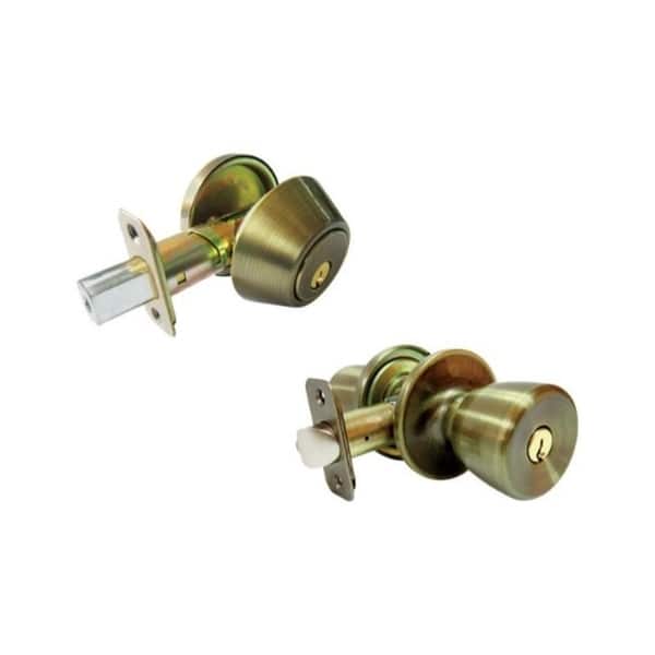 Faultless Tulip Antique Brass Entry Knob and Single Cylinder Deadbolt Right Handed Faultless Tulip Antique Brass Entry Knob and Single Cylinder Deadbolt Right Handed