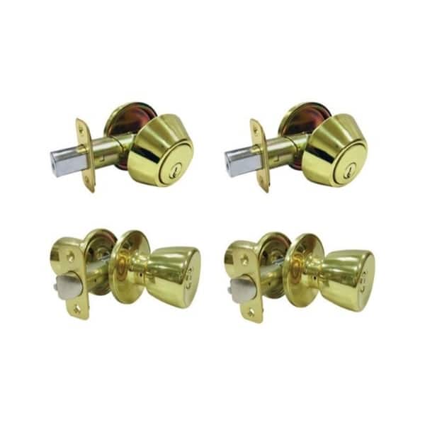 Faultless Tulip Polished Brass Entry Knob and Single Cylinder Deadbolt Right Handed Faultless Tulip Polished Brass Entry Knob and Single Cylinder Deadbolt Right Handed