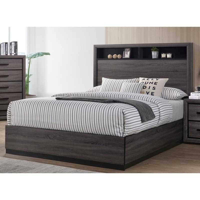 Furniture of America Rothwell Grey Wood Bed with Bookcase Headboard - Queen