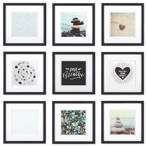 Gallery Perfect Set of 9 Piece Square Photo Frame with Double White Mat Wall Gallery Kit