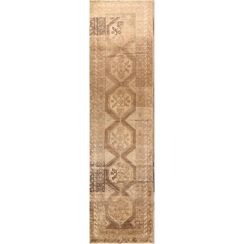 Vintage Hamedan Geometric Handmade Wool Persian Rug - 13'7" x 3'7" Runner