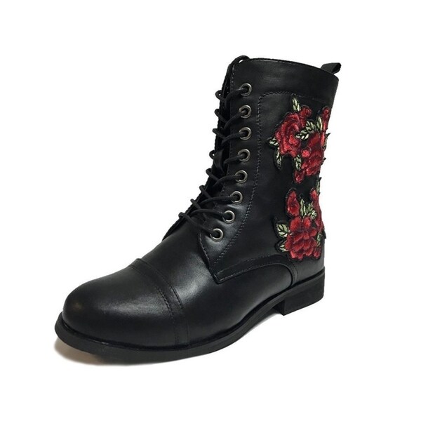 Rose Embroidered Combat Boot 
