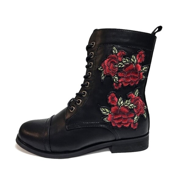 Rose Embroidered Combat Boot 