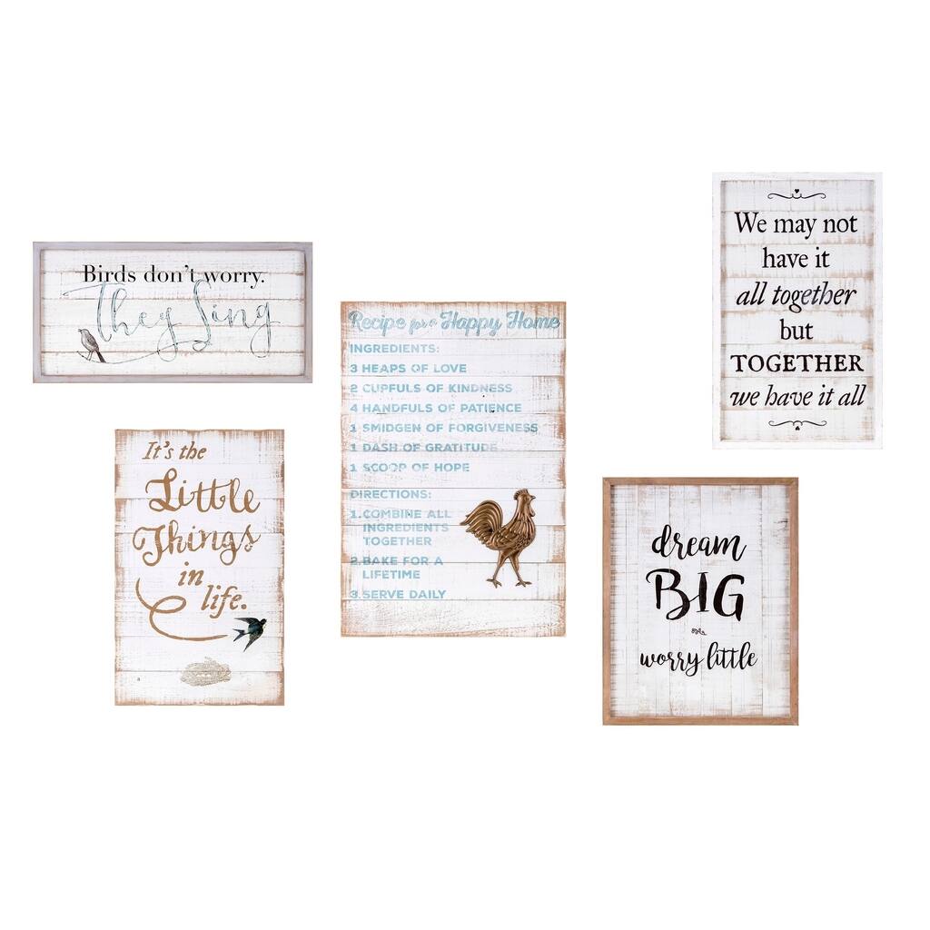 Wooden Rectangular Wall Decor with Inspirational Quotes, Set of Five, Multicolor