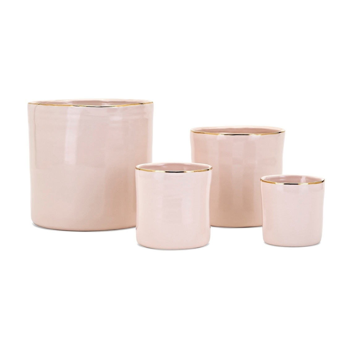 Gold Trim Ceramic Planters with Round Flat Bottom, Pink and Gold, Set of Four