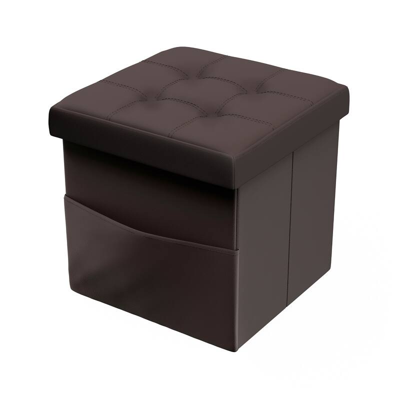 Foldable Storage Cube Ottoman with Pocket- Tufted Faux Leather Footrest Organizer by Lavish Home