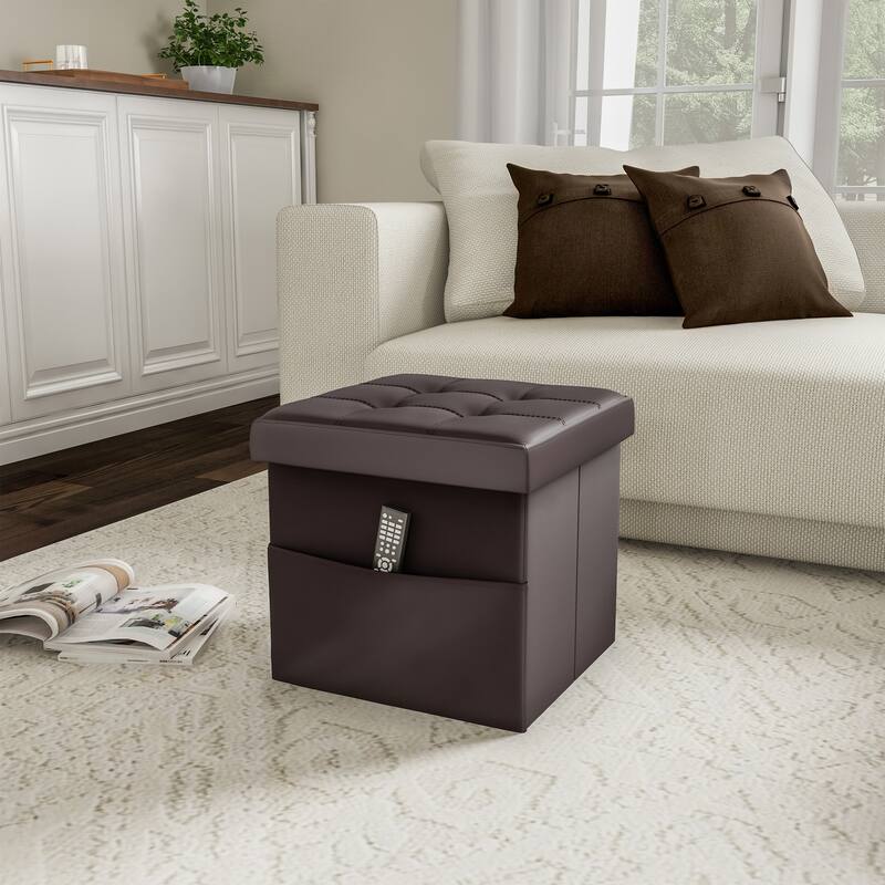 Foldable Storage Cube Ottoman with Pocket- Tufted Faux Leather Footrest Organizer by Lavish Home