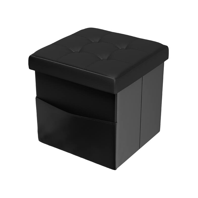 Foldable Storage Cube Ottoman with Pocket- Tufted Faux Leather Footrest Organizer by Lavish Home