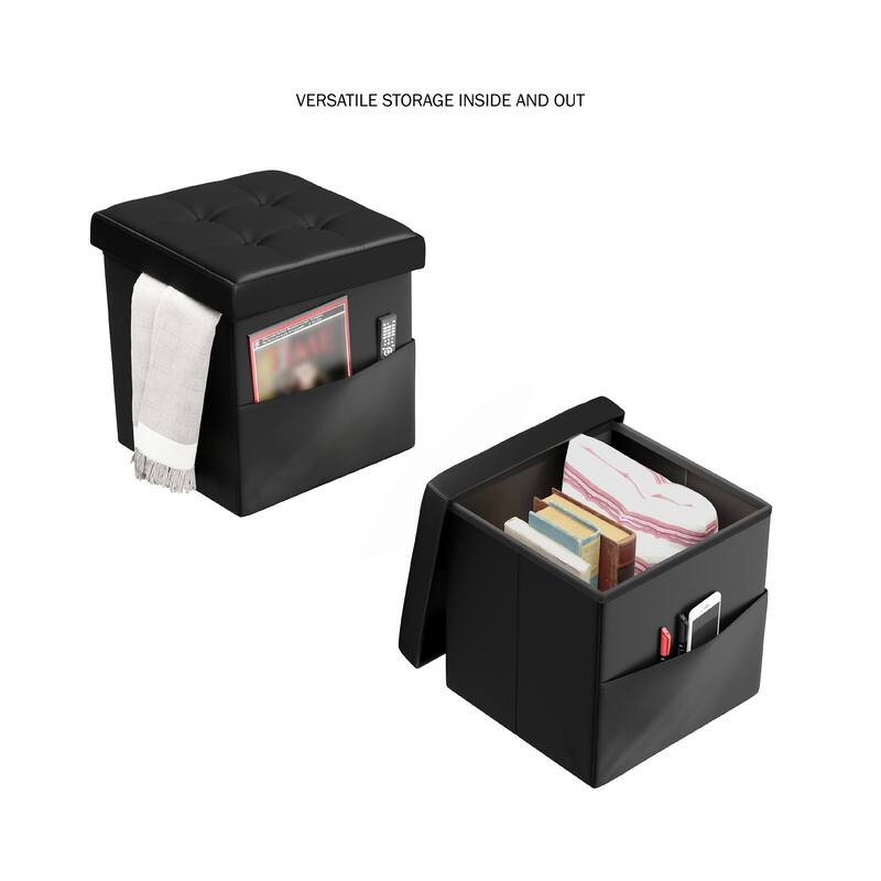 Foldable Storage Cube Ottoman with Pocket- Tufted Faux Leather Footrest Organizer by Lavish Home