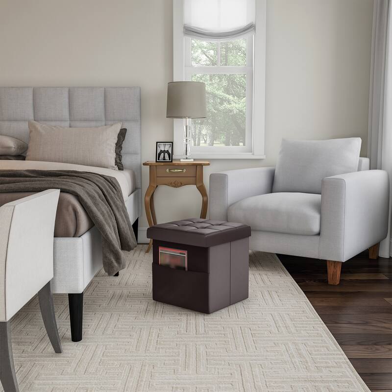 Foldable Storage Cube Ottoman with Pocket- Tufted Faux Leather Footrest Organizer by Lavish Home