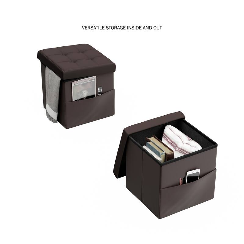 Foldable Storage Cube Ottoman with Pocket- Tufted Faux Leather Footrest Organizer by Lavish Home