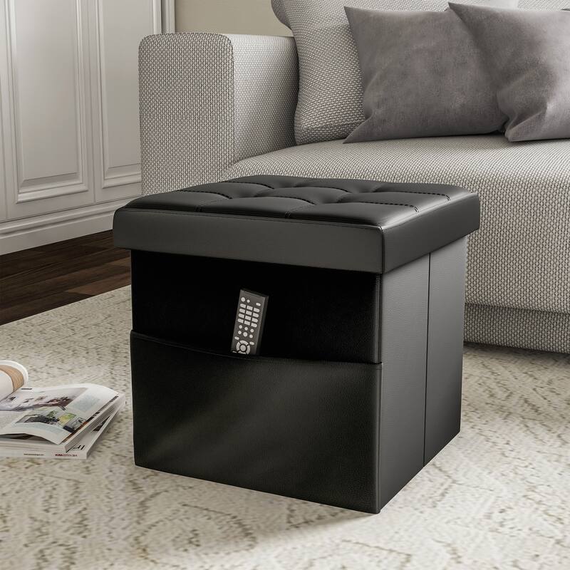 Foldable Storage Cube Ottoman with Pocket- Tufted Faux Leather Footrest Organizer by Lavish Home