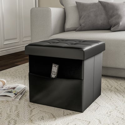 Foldable Storage Cube Ottoman with Pocket- Tufted Faux Leather Footrest Organizer by Lavish Home